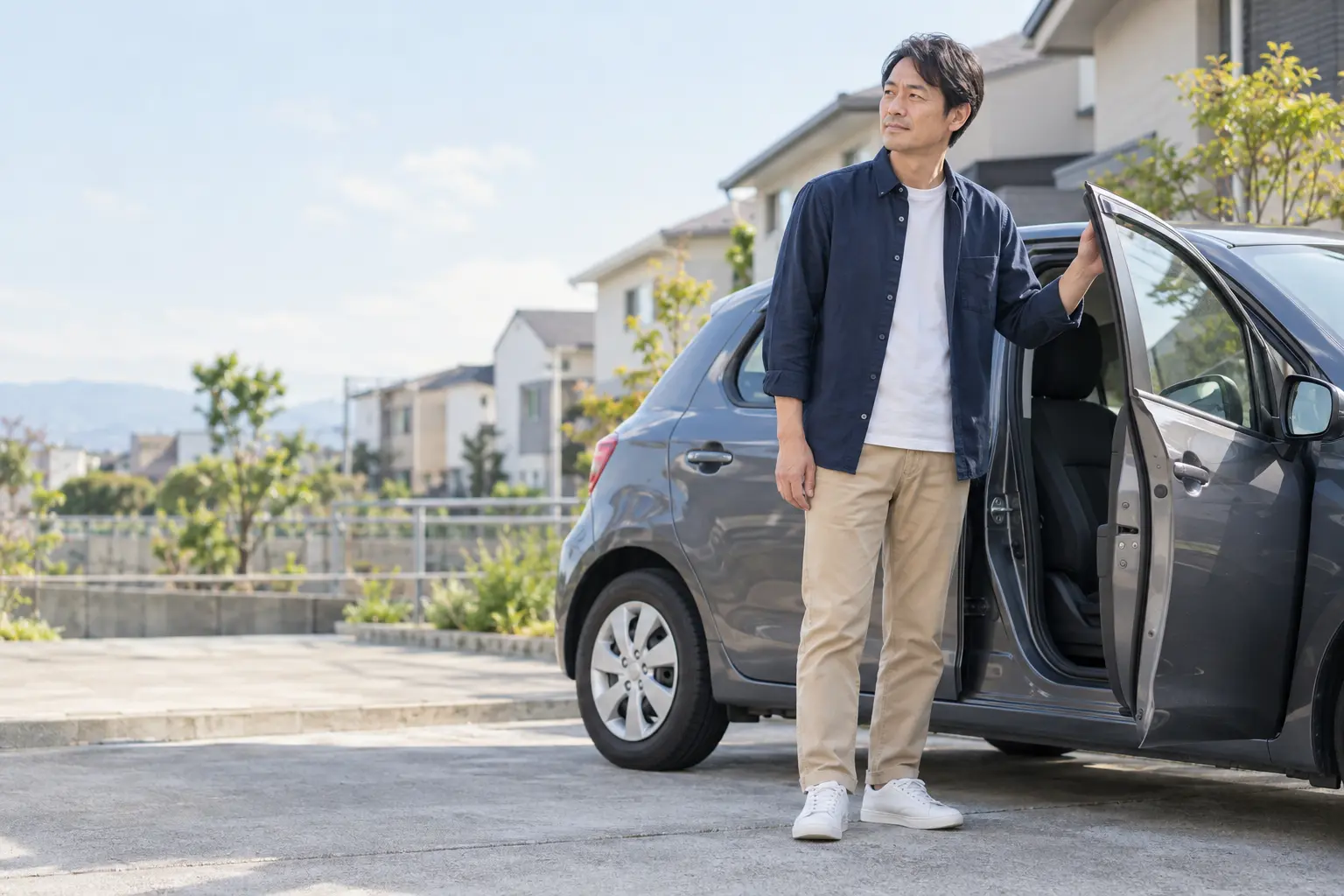 停車中の車から降りて一息つく男性の生活イメージ